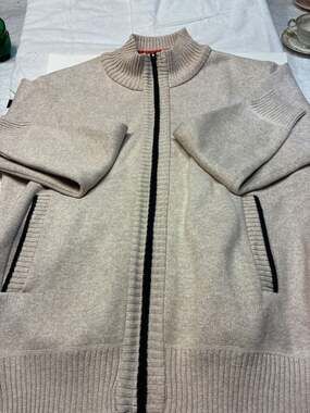 Yeokou Men's Beige Full Zip Stand Collar Knit Cardigan Sweater